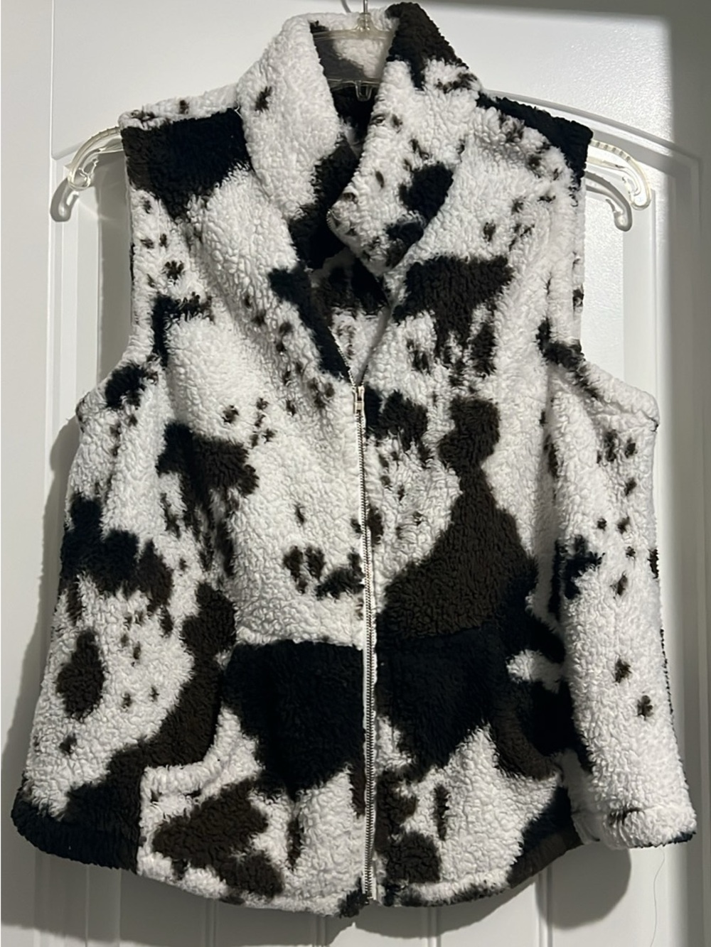 Black, white and brown Cow Print Sherpa Vest